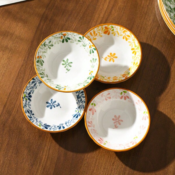 4 pièces/8 pièces Set de saucières en céramique, assiettes en céramique de 3,8 pouces avec motif floral en engobe coloré, pour la sauce soja, le vinaigre, les épices, les sushis, les plats à trempette. Convient pour la maison, les restaurants et les fournitures scolaires