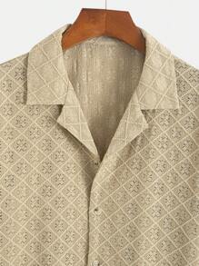 男士时尚经典几何镂空纹理领扣设计休闲衬衫，适合日常、通勤、街头装、夏季新品 - 卡其色 - 查看 6