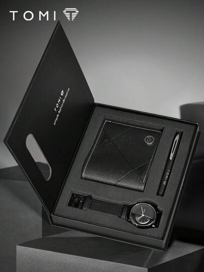  TOMI Men's Quartz Watch Set, Hollow Design See-Through Dial Casual Minimalist Watch, Includes Wallet And Pen Case, Holiday Gift For Family And Loved Ones, Christmas,