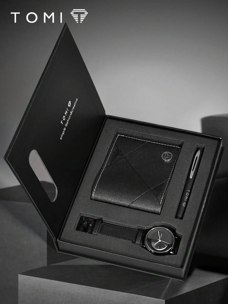 TOMI 男士石英表套装，镂空设计透明表盘休闲简约手表，含钱包和笔盒，适合送给家人和爱人的节日礼物，圣诞节，