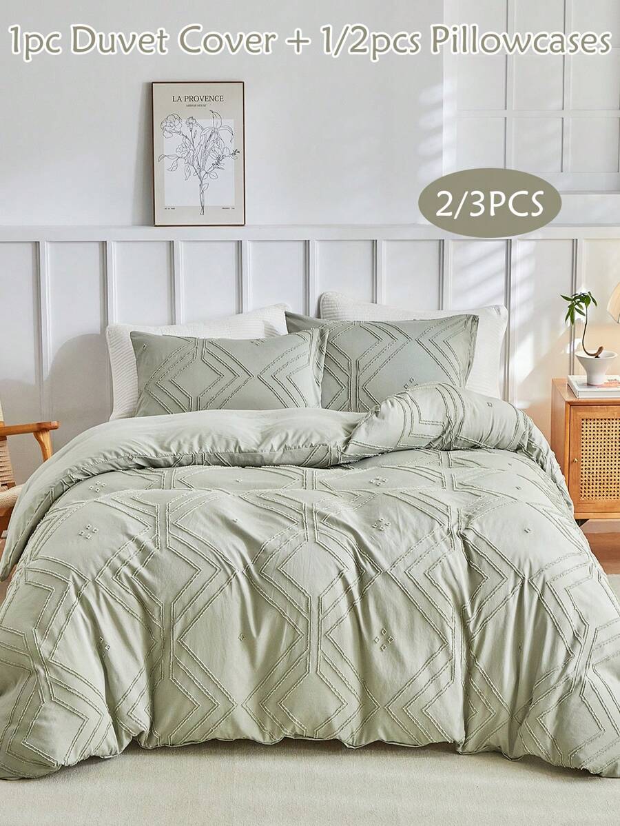 2/3pcs Mint Green Rhombus Pattern Velvet Bedding Set, Simple & Fashionable Boho Style Duvet Cover Pillowcase Set, Suitable For All Seasons (1 Duvet Cover + 1/2 Pillowcase) - Pastel Green - View 1