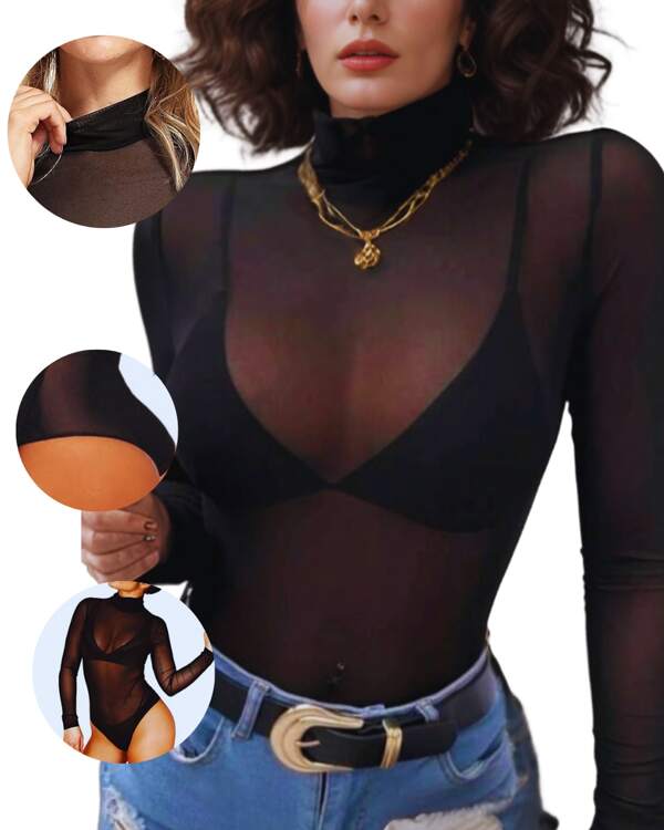 Blusa de Tule Transparente de Manga Longa para Balada Preto Body