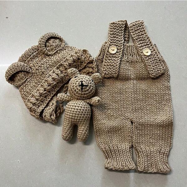 Ropa para fotografía de recién nacidos Mono con tirantes de punto hecho a mano y gorro con orejas de oso Decoración de muñecas de oso de peluche Prendas de regalo para baby shower y Pascua para niñas/niños
