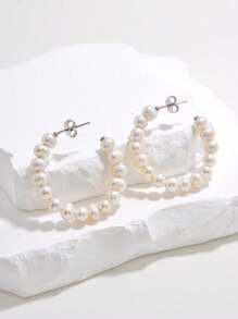 1 Pair 925 Sterling Silver 5-6mm Cultured Freshwater Pearl Double Hoop Earrings, Elegant & Graceful For Party/Wedding - Freshwater Cultured Pearls - View 1