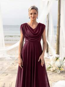 Draped Neckline Elegance Dress For Spring/Summer For Seaside Bachelorette Party, Beachfront Bridal, Garden Gala, Luxury Dinner Date, Honeymoon Retreat Outfit - Burgundy - View 7