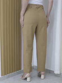 Women's Refreshing Plain Tailored Trousers With Button - Maxma 6631 - Khaki - View 4