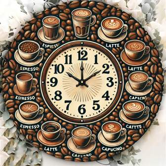 8 英寸复古咖啡主题铁质金属锡标牌，带艺术咖啡图标装饰，复古风格时钟展示牌，适用于家庭、酒吧、咖啡厅装饰（不是真正的时钟），装饰艺术挂钟，咖啡店配件，非常适合房间装饰