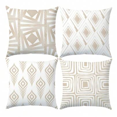 MEMNUN 4 piezas 17.7*17.7in(45*45cm)/19.69*19.69in(50*50cm)/15.75*15.75in(40*40cm) Funda de cojín con estampado geométrico de color té con leche moderno y simple [Impresión de un solo lado] de poliéster para uso diario, decoración minimalista de alta gama para el hogar, sala de estar, sofá, dormitorio, cabecera de la cama, decoración de automóviles [Inserto de cojín no incluido]