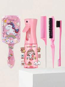 6pcs Brushes, (6.8oz /200ml) Continuous Fine Mist Spray Bottle, Unicorn Cartoon Brush, Adult And Girl Brush, Mousetail Edge Brush, Barbershop, Hairdresser's Brush Set