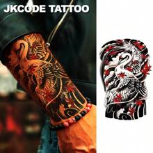 JKCODE TATTOO Orientalisches Kranich-Arm-Tattoo - temporäres Tattoo mit schwarz, rot und grün Tintenmalerei des Rotscheitel-Kranich Totems, geeignet für Arm, Hand und Rücken, hält 3-5 Tage - Verschiedenfarbig - Übersicht 3