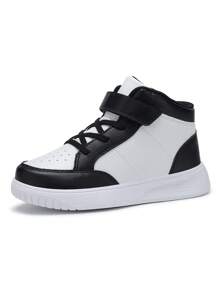 1 Pair Black & White High-Top Kids Sneakers, Flat Casual Shoes For Boys & Girls - Black and White - View 5