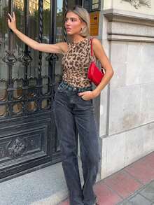 Leoparden-Muster asymmetrischer geraffter Bodysuit mit Mesh-Einsätzen, elegant für den Sommer - Braun - Übersicht 5