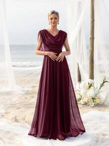 Draped Neckline Elegance Dress For Spring/Summer For Seaside Bachelorette Party, Beachfront Bridal, Garden Gala, Luxury Dinner Date, Honeymoon Retreat Outfit - Burgundy - View 6