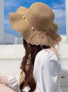 Sombrero de paja con ala ondulada, sombrero de sol de verano de moda con lazo decorativo, ala ancha para playa y vacaciones, para mujer