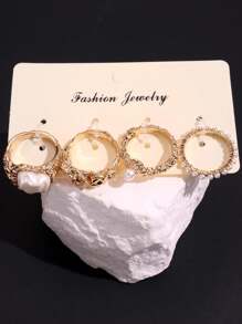 4 件套时尚复古金属几何珍珠戒指套装，适合女士、日常佩戴和节日礼物 - 彩色 - 查看 11