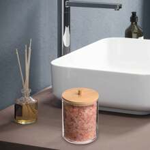 1/3 件透明亚克力浴室罐，带竹盖 Qtip 架，透明小棉签分配器，塑料耳棒棉签架，牙签储物盒，浴室台面装饰储物整理器现代梳妆台储物罐，用于清洁棉签、球和垫，装饰性 Q-Tip 架整理器，适用于台面，优雅实用的浴室配件，非常适合家庭和水疗中心，保持浴室梳妆台干净整洁。