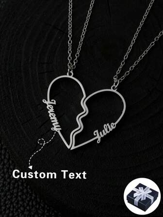 1 paire de colliers personnalisés en forme de cœur pour couples avec 1 à 2 noms, en acier inoxydable de couleur or ou argent. Bijoux personnalisés uniques pour femmes, filles, port quotidien. Cadeau idéal pour la petite amie, la mère, la famille, les amis, la fille, les grands-parents. Pour l'anniversaire, la Saint-Valentin, la remise des diplômes, le mariage