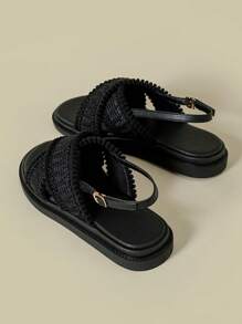 Women's Thick Sole Strap Buckle Sandals With Tassel Braided Bohemian Style, Black Retro Open Toe Non-Slip Comfortable Summer New Platform Wedge Heel Beach Roman Shoes