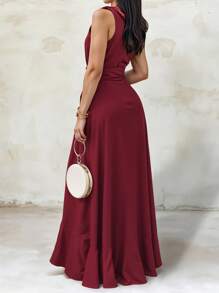 Women's Elegant Off Shoulder Deep V Neck Ruffle Leg Slit Maxi Dress - Red - View 2
