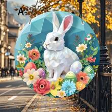 1 件复活节兔子亚克力墙标 - 圆形门挂饰，带有花朵和鸡蛋设计 - 户外复活节花环装饰、最佳复活节礼物、复活节饰品、节日装饰品 - 亞克力-圓 - 查看 3