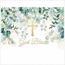 自定义名称自定义洗礼背景横幅金色圣杯天使十字架绿叶设计适用于洗礼派对、保佑上帝、我的第一个、家庭聚会背景装饰横幅、派对用品、肖像摄影背景道具乙烯基个性化 - 彩色 - 查看 11