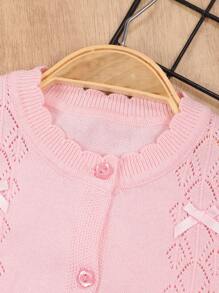 Young Girl Lightweight Bowknot Hollow Out Long Sleeve Cardigans, Versatile Casual Airy Air Conditioning Cover Up Sweater Jackets For Spring, Summer And Autumn - Pink - View 3