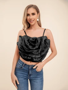 Spaghetti Strap Top With Floral Decoration - Black - View 5
