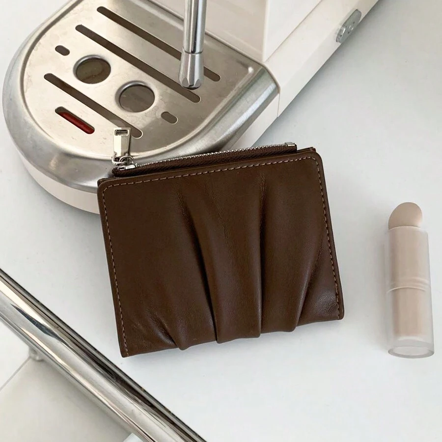 Korean Style Women Wrinkle Design Card Holder Minimalist Compact Multi-Card Slots Plain Versatile Card Case Wallet Purse Wallet Mini Wallet Small Wallet - Coffee Brown - View 1