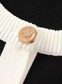 Seelio Women's Short Sleeve Knit Sweater, New French Style Color Block Button Round Neck Fitted T-Shirt Knit Jacket