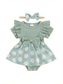 Vestido de bebé niña con estampado de margaritas, mono de manga corta con cuello redondo y lazo en la diadema - Verde - Ver 1