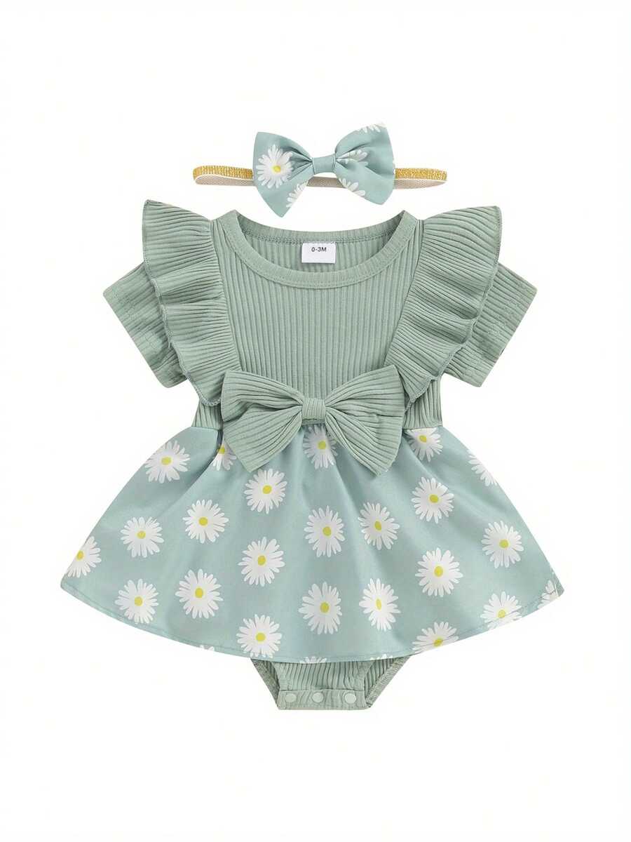 Vestido de bebé niña con estampado de margaritas, mono de manga corta con cuello redondo y lazo en la diadema - Verde - Ver 1