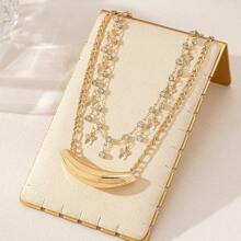 1pc Elegant European Fashion Metal Shell Rhinestone Double-Layer Necklace Set For Women