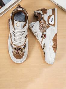 Men's Round Toe Color Block Low Top Lace-Up Thick Sole Non-Slip Casual Sneakers - Khaki - View 5