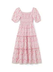 Mother Daughter Matching Dresses Summer Floral Short Sleeves A-Line Dress Mom And Me Family Matching Outfits - Pink - View 6