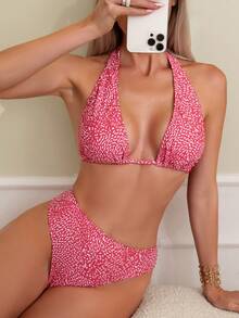 Women's Vacation Full Print Sexy Halter Split Bikini Set - Red - View 1