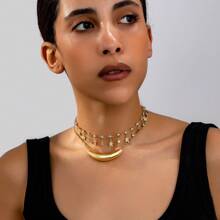 1pc Elegant European Fashion Metal Shell Rhinestone Double-Layer Necklace Set For Women