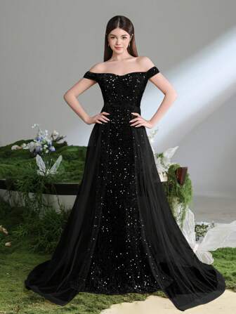 少女迷人的露肩鱼尾晚礼服 | 引人注目的心形领口、闪亮的亮片装饰、优雅的拖尾 | 非常适合黑色领结晚会、毕业晚会、公主主题舞会、节日庆典和选美活动