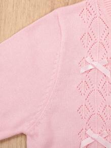 Young Girl Lightweight Bowknot Hollow Out Long Sleeve Cardigans, Versatile Casual Airy Air Conditioning Cover Up Sweater Jackets For Spring, Summer And Autumn - Pink - View 4