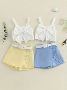Toddler Girls Bow Embellished Tank Top  Skort Set - Cute Summer 2 - Piece Outfit With Belt For Kids - Yellow - View 5