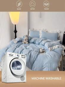 3pcs Soft Floral Ruffled Duvet Cover Set For Bedroom, Light Blue - Baby Blue - View 4