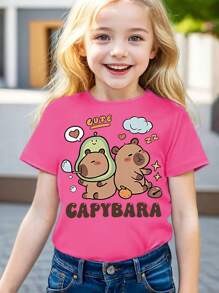 Camiseta de manga corta con cuello redondo y estampado de capibara de dibujos animados para niñas, camiseta casual para primavera y verano - Rosa Fucsia - Ver 4