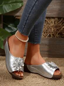 Women's Platform Wedge Slides, Waterproof, Anti-Slip, Summer Thick-Sole Floral Decor Lightweight Open Toe Sandals - Silver - View 4