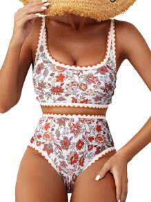 Women 2-Piece Bikini Swimsuits Floral Print U-Neck Bra And High Waist Briefs Sets For Summer Beachwear Bathing Suit - Orange - View 1