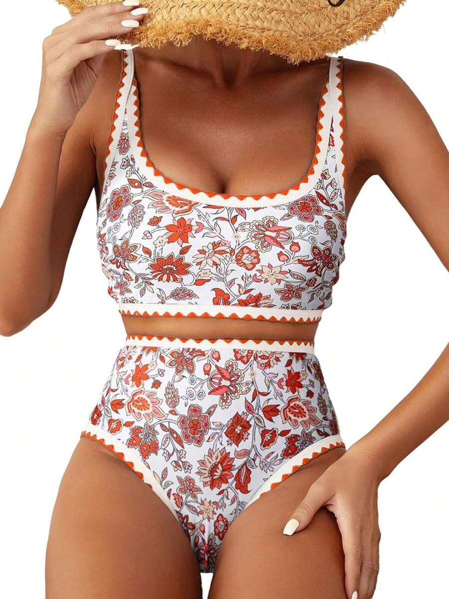 Women 2-Piece Bikini Swimsuits Floral Print U-Neck Bra And High Waist Briefs Sets For Summer Beachwear Bathing Suit - Orange - View 1