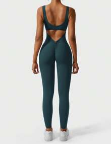 VOYJOY Women Backless Scrunch Butt Jumpsuits One Piece U-Neck Bodycon Leggings Yoga Rompers V-Back Playsuit - Xanh lam Xanh lục - Xem 1