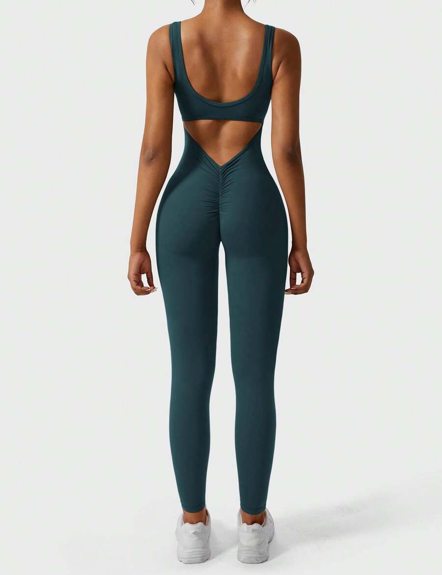 VOYJOY Women Backless Scrunch Butt Jumpsuits One Piece U-Neck Bodycon Leggings Yoga Rompers V-Back Playsuit - Xanh lam Xanh lục - Xem 1