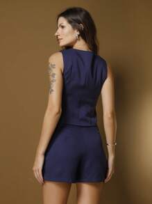 Tailoring Set |No Belt|Sleeveless|Vest And Shorts With Bag Tailoring Fabric - 藏蓝色 - 查看 7
