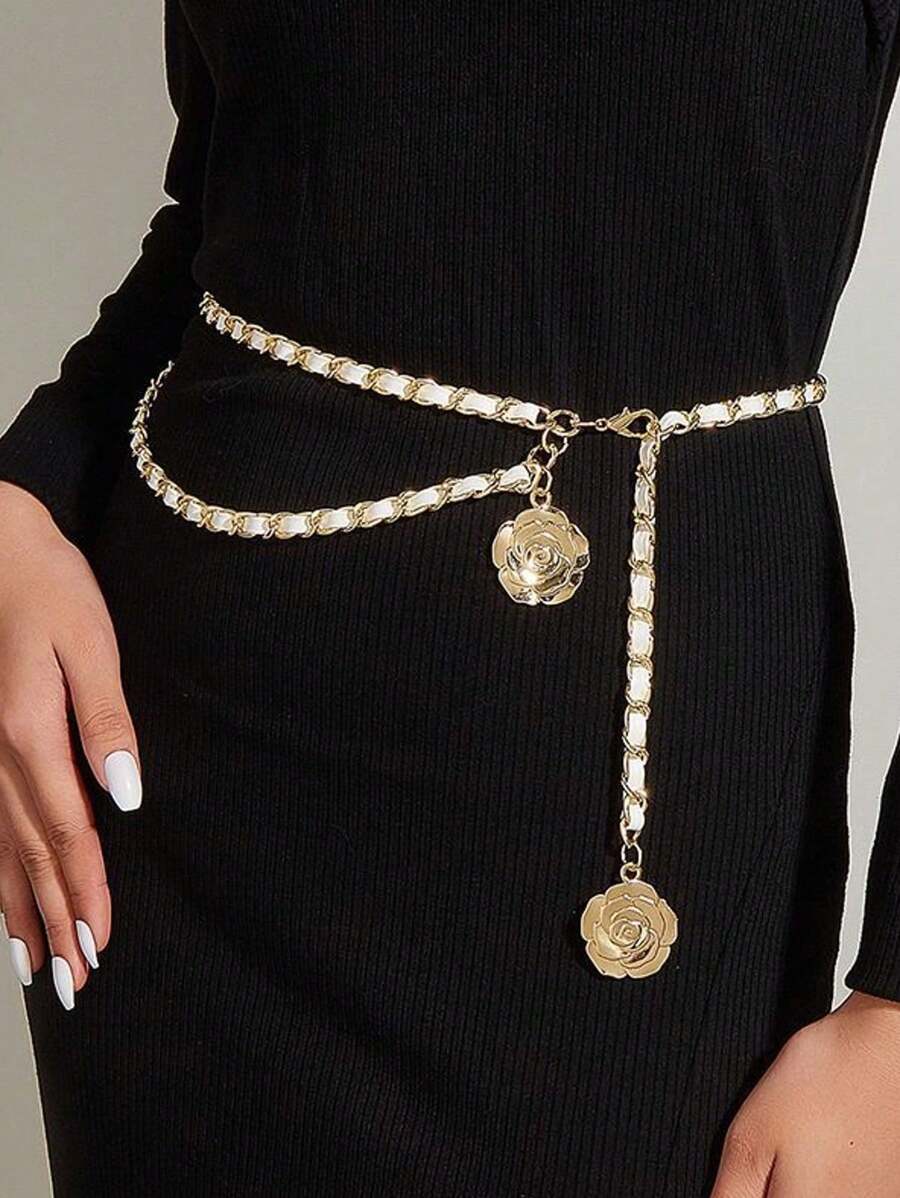 金属腰链装饰腰带三朵山茶花吊坠可调节弹性细腰链服装配饰女士礼物情人节夏季、学校秋季、秋季、万圣节 - 彩色 - 查看 1