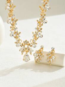 3 Pieces/Set Gold Rhinestone Flower Diamond Necklace And Earring Set, Suitable For Multifunctional Jewellery For Wedding Brides, A Gift For Others, Ideal For Wedding Parties And Proms. - Multicolor - View 10