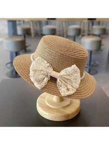 2pcs/Set Girls Princess Straw Hat & Bag, Cute Floral & Bow Design, Summer Beach Hat & Bag Set, Versatile For Daily Wear